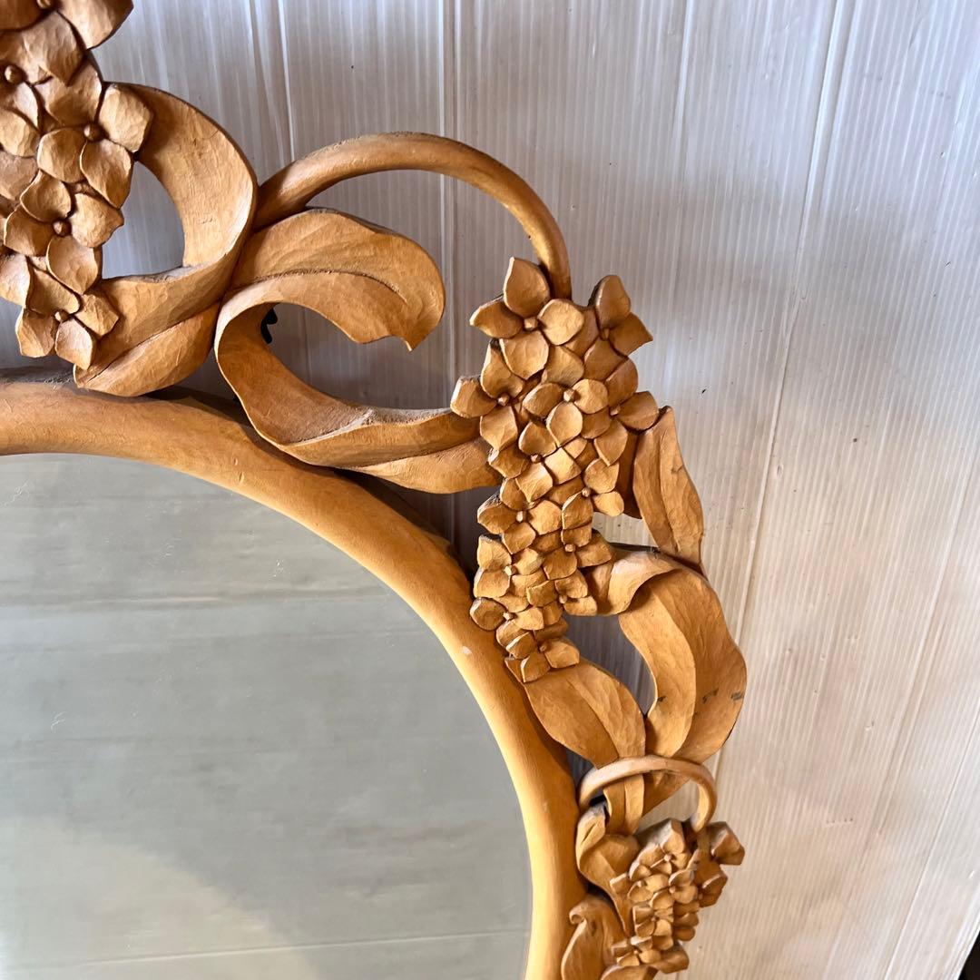 アンティーク　木彫り　掛鏡 花柄　インテリア　レトロ　大きいサイズ　壁掛け