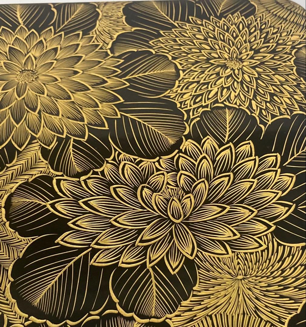 B519b「黒漆塗沈金菊尽 二段重箱」木製　輪島塗　紙箱　お節料理