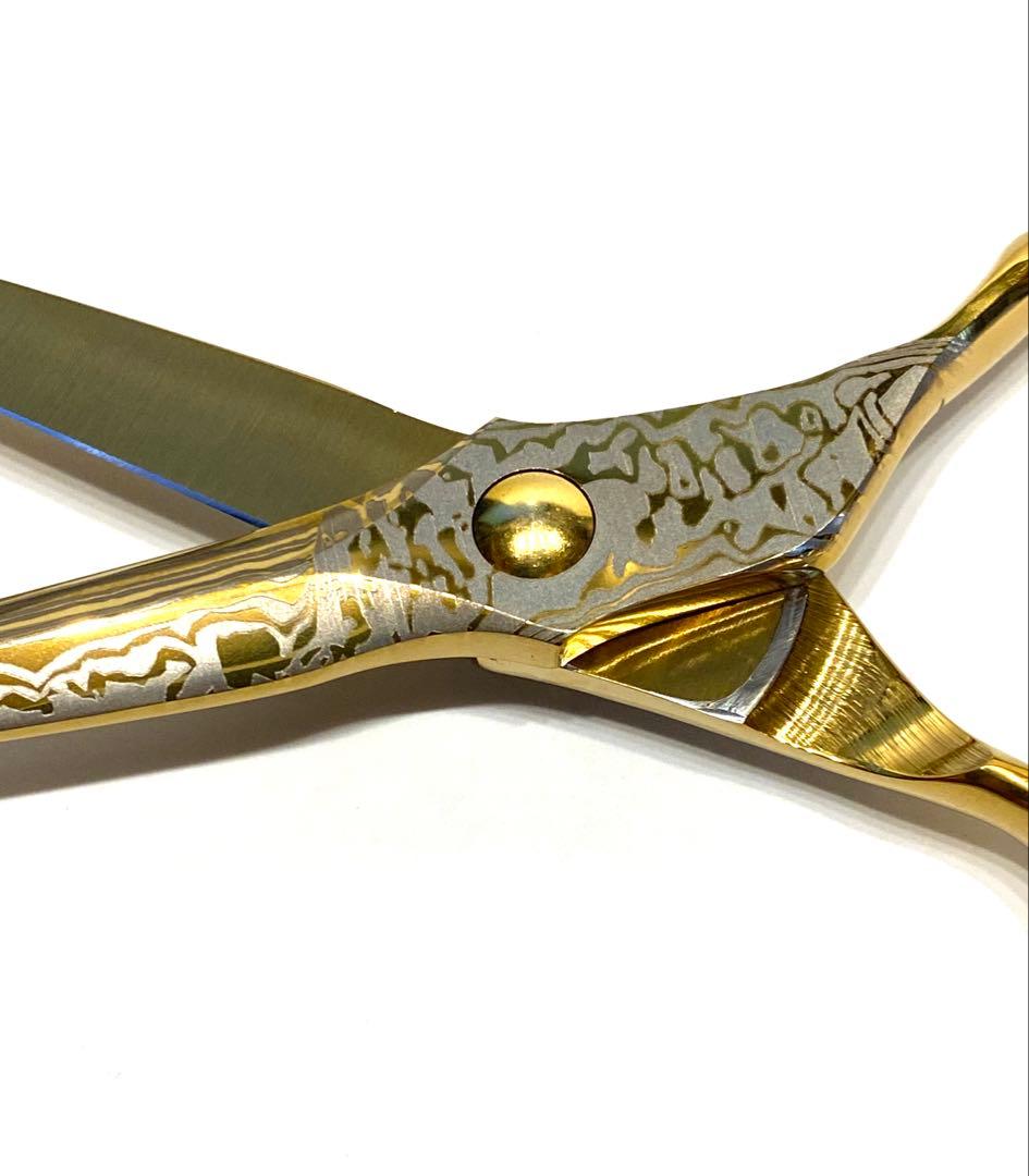 両剣刃 6インチ シザー ゴールド ダマスカス柄 理容 美容 鋏 シザー