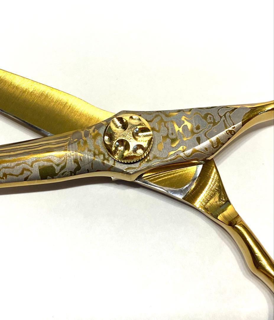 両剣刃 6インチ シザー ゴールド ダマスカス柄 理容 美容 鋏 シザー
