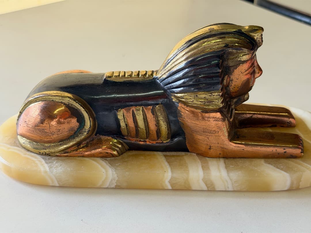 ヴィンテージ真鍮製スフィンクス像 エジプト大理石台座彫刻