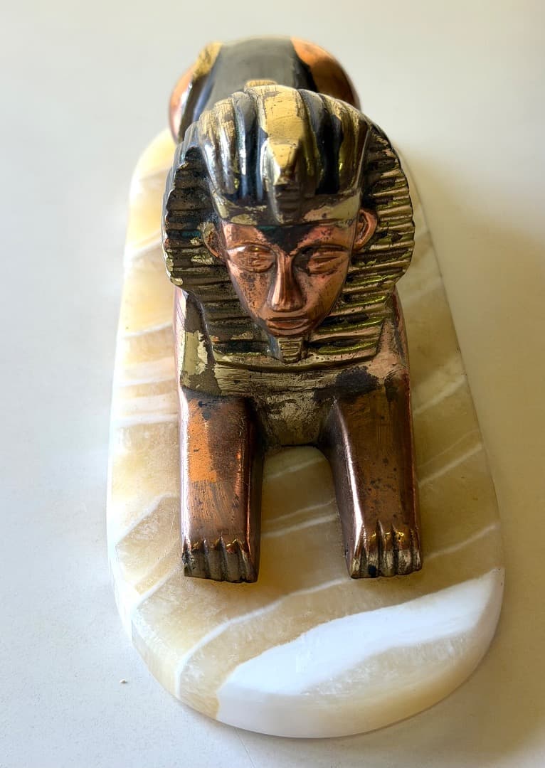 ヴィンテージ真鍮製スフィンクス像 エジプト大理石台座彫刻