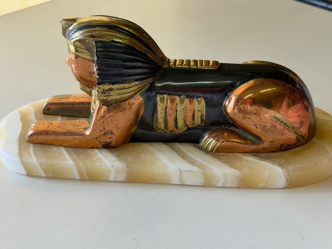 ヴィンテージ真鍮製スフィンクス像 エジプト大理石台座彫刻