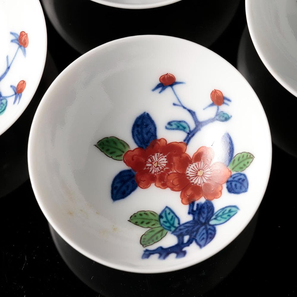 人間国宝 十三代今泉今右衛門 錦花画酒器 徳利 盃五客 共箱 黄布 栞 色鍋島