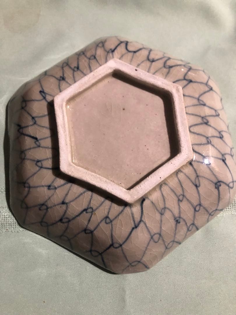 伊万里焼 染付 網目六角皿 箱付 19.8cm 展示用