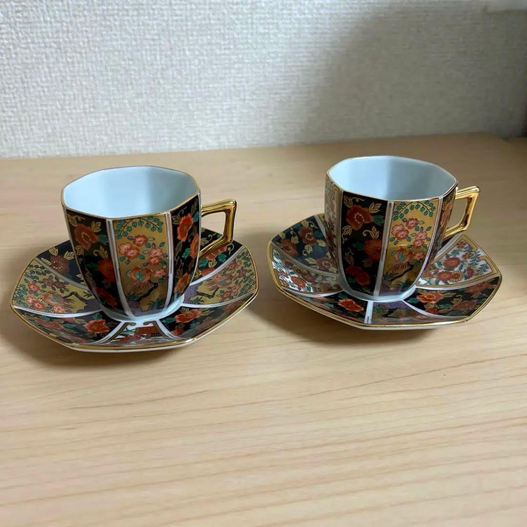 有田焼 青藍窯 古伊万里 金襴手 金彩花鳥柄 八角カップ＆ソ－サ－2客