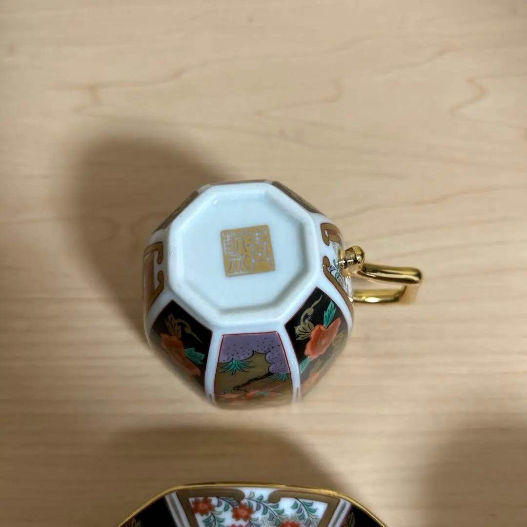 有田焼 青藍窯 古伊万里 金襴手 金彩花鳥柄 八角カップ＆ソ－サ－2客