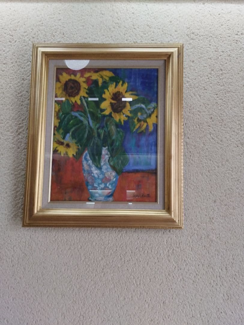 ※油絵・画家・尾形民子「ひまわりと白い花の油彩画」※新品