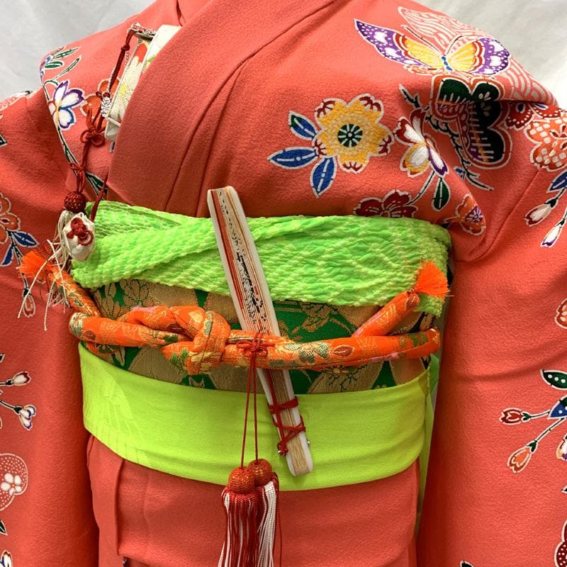 504ag65□七五三 七歳 女児 着物&袋帯 紅型風 型染 ピンク□美品