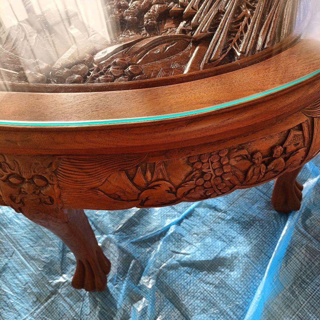 木彫り 座卓 ローテーブル 楕円 ガラス天板 中国美術 アンティーク　アジアン