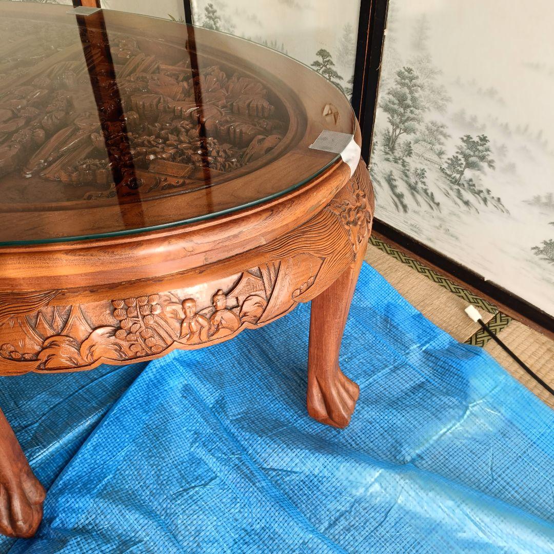 木彫り 座卓 ローテーブル 楕円 ガラス天板 中国美術 アンティーク　アジアン