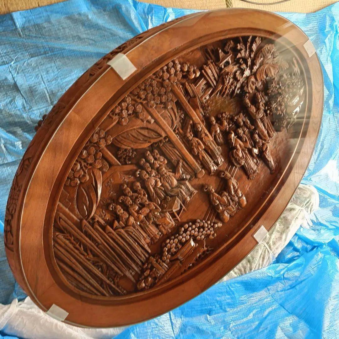 木彫り 座卓 ローテーブル 楕円 ガラス天板 中国美術 アンティーク　アジアン