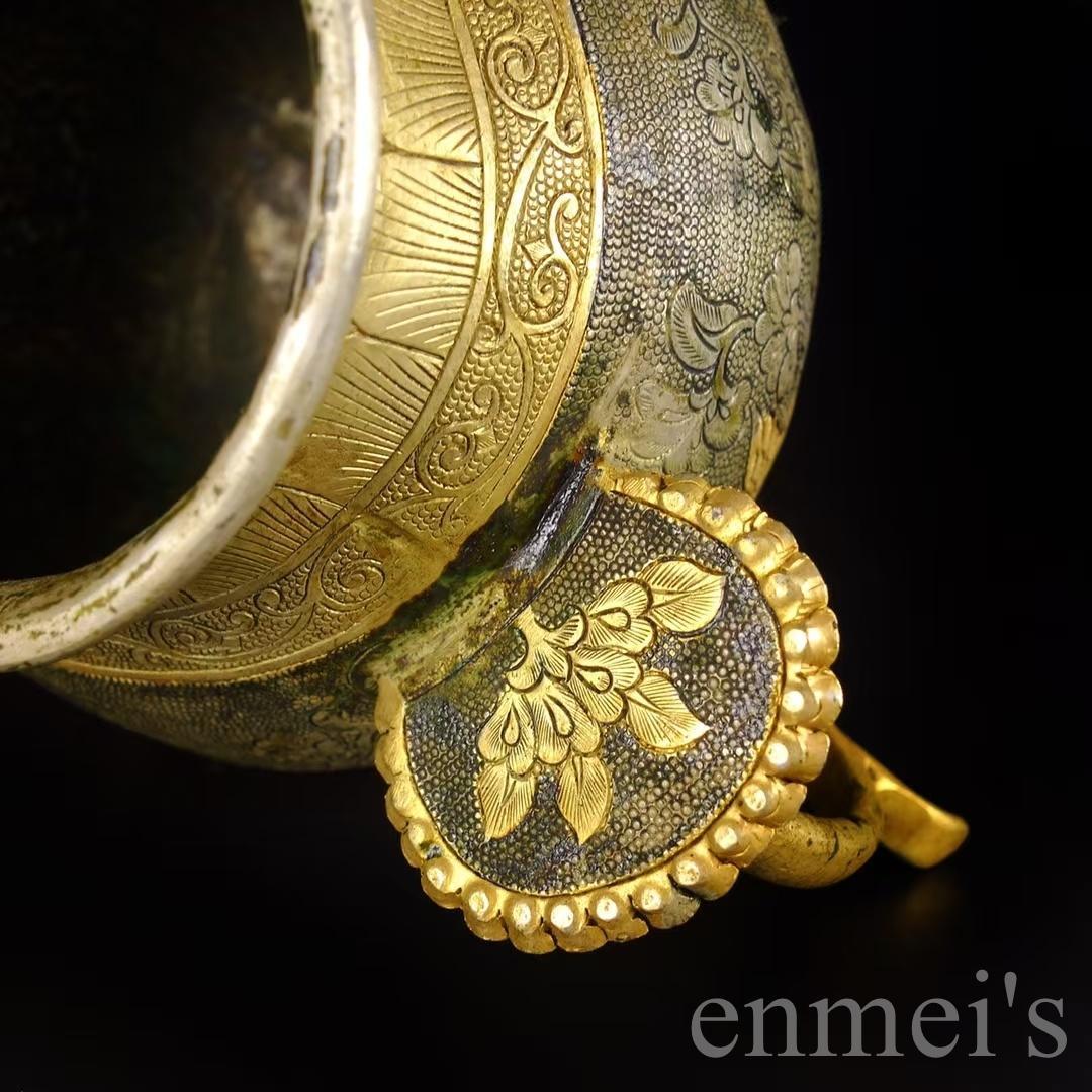 中国古美術 唐風 描金 純銅製 鏨刻罐 供物器 細密細工 置物 賞物 擺件