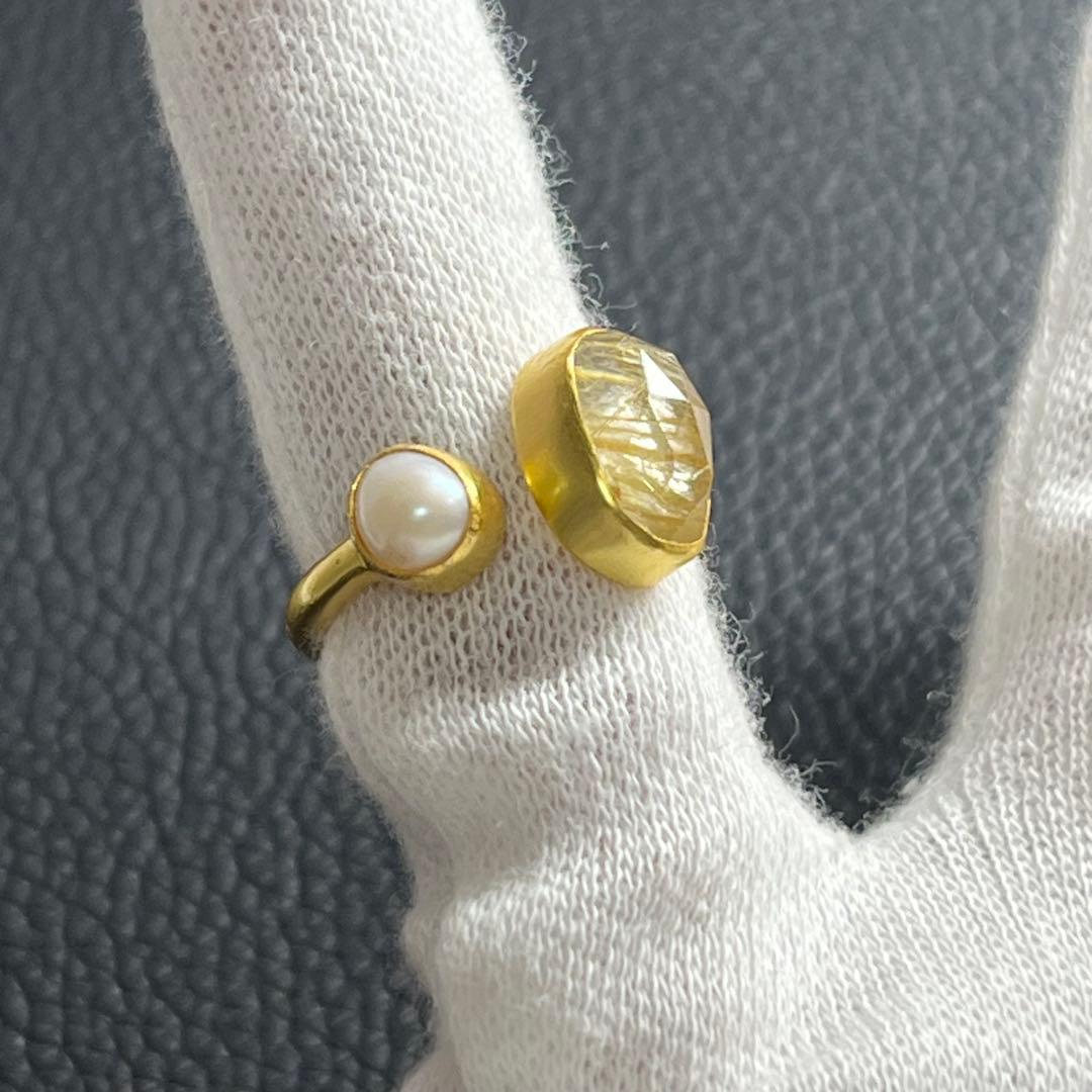 silver925 18kgp オープンリング〈ゴールドルチル、パール〉　指輪