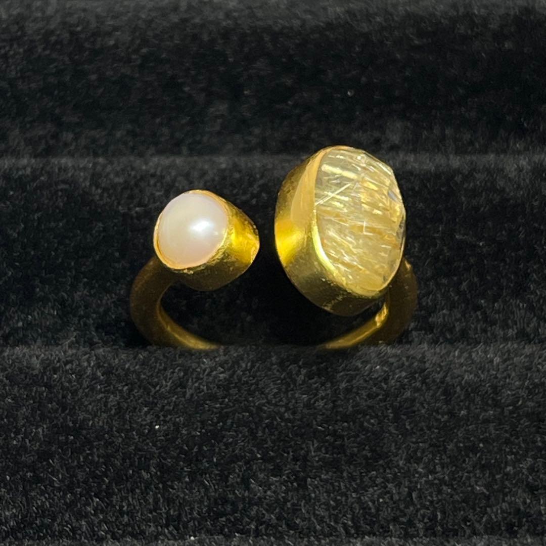 silver925 18kgp オープンリング〈ゴールドルチル、パール〉　指輪