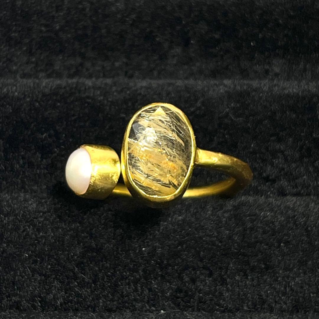 silver925 18kgp オープンリング〈ゴールドルチル、パール〉　指輪