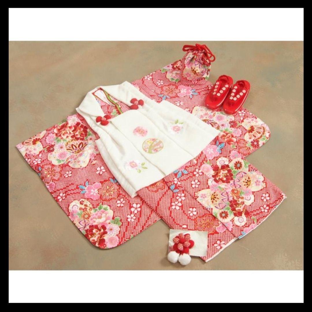 七五三 着物 3歳女の子被布セット京都花ひめ赤地総疋田着物被布白まり刺繍使い足袋