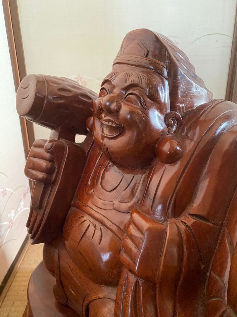 恵比寿と大黒天の木像　七福神　商売繁盛　大漁　財福　骨董　台座付　特大