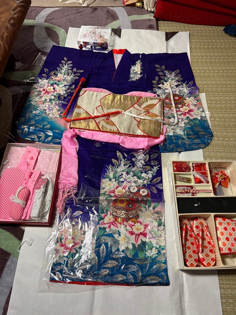 七五三 着物セット 紫色 花柄　7歳　女の子　フルセット