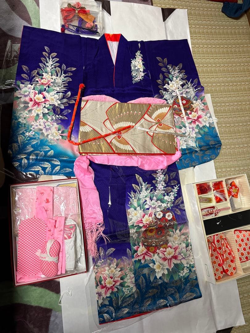 七五三 着物セット 紫色 花柄　7歳　女の子　フルセット