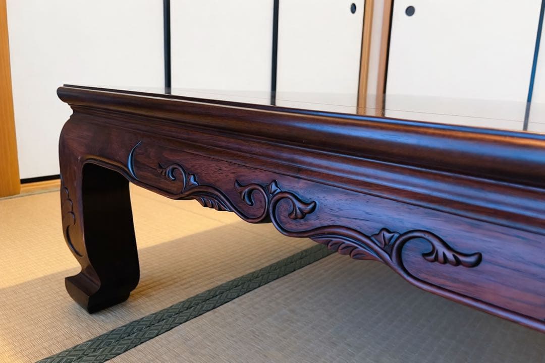 重厚感のある彫刻脚 和風座卓｜木製 座敷机 ダークブラウン