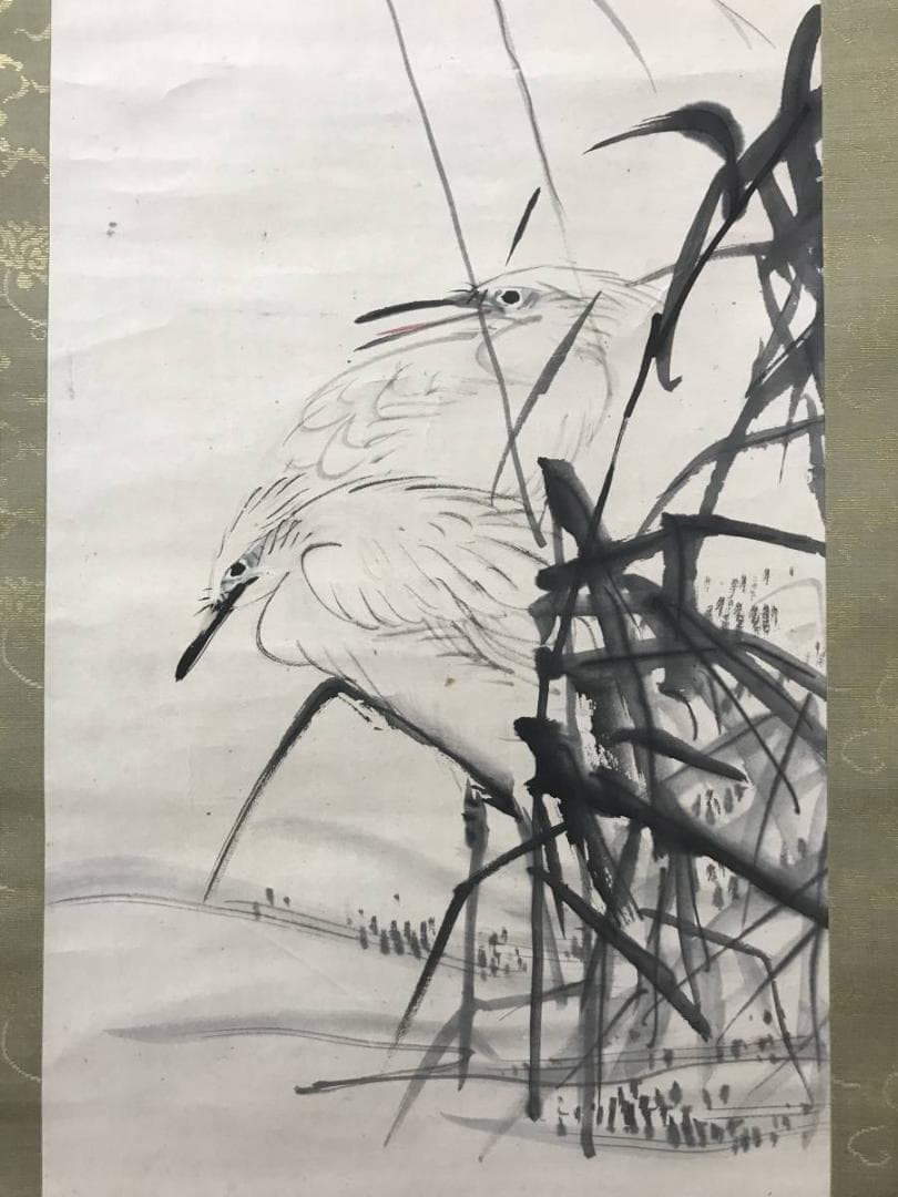 真作】渡辺南岳/芦鷺烏瓜に烏図/花鳥図/双福/掛軸/名家