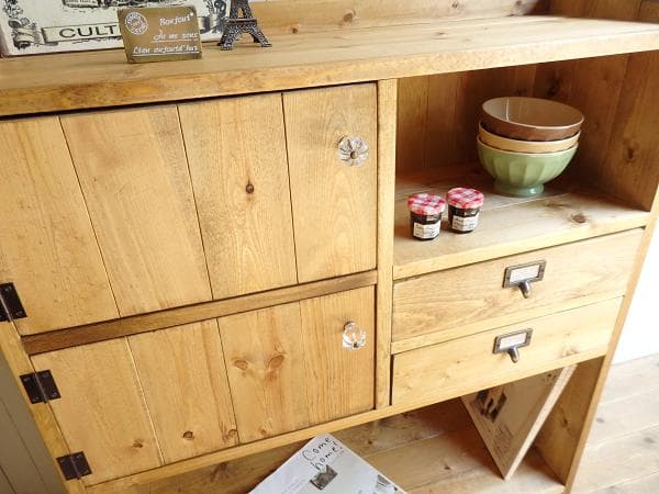 サイズオーダー可！２扉２引出デザインキャビネット●ナチュラルブラウン●受注製作