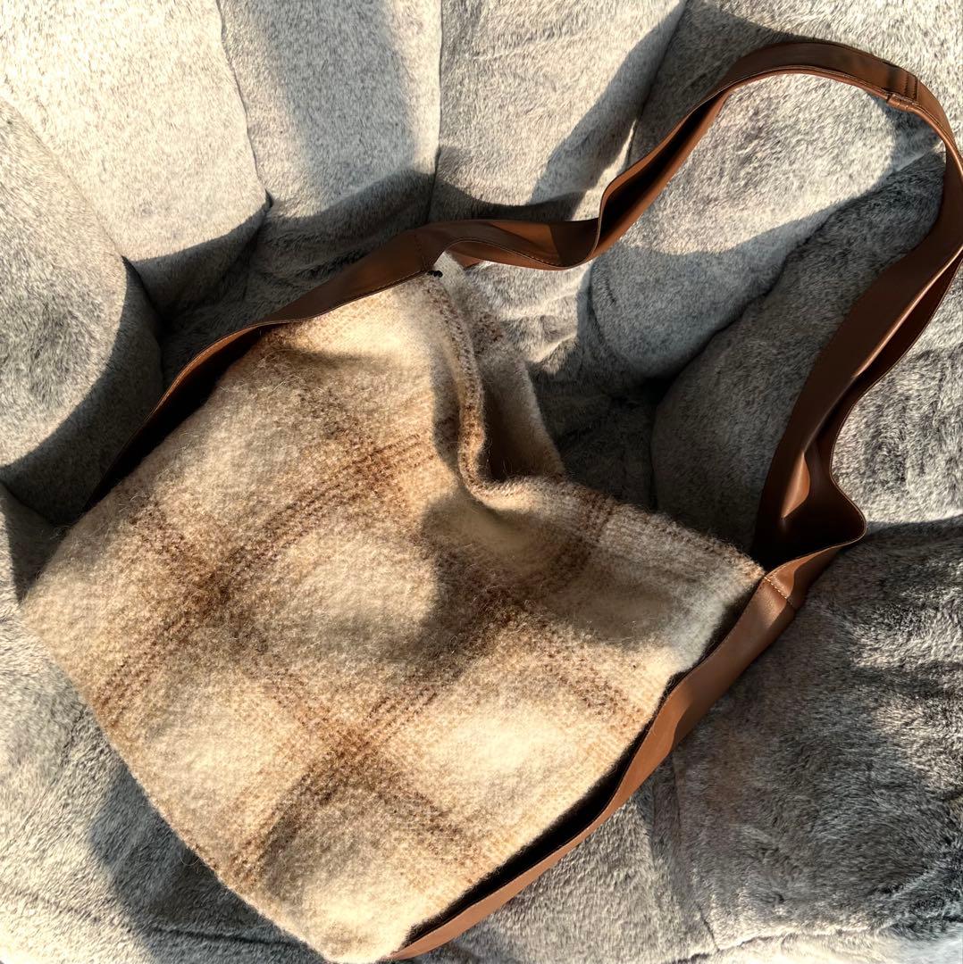 SF/Z/I チェック柄　ベージュ　ブラウン　大きめバッグ