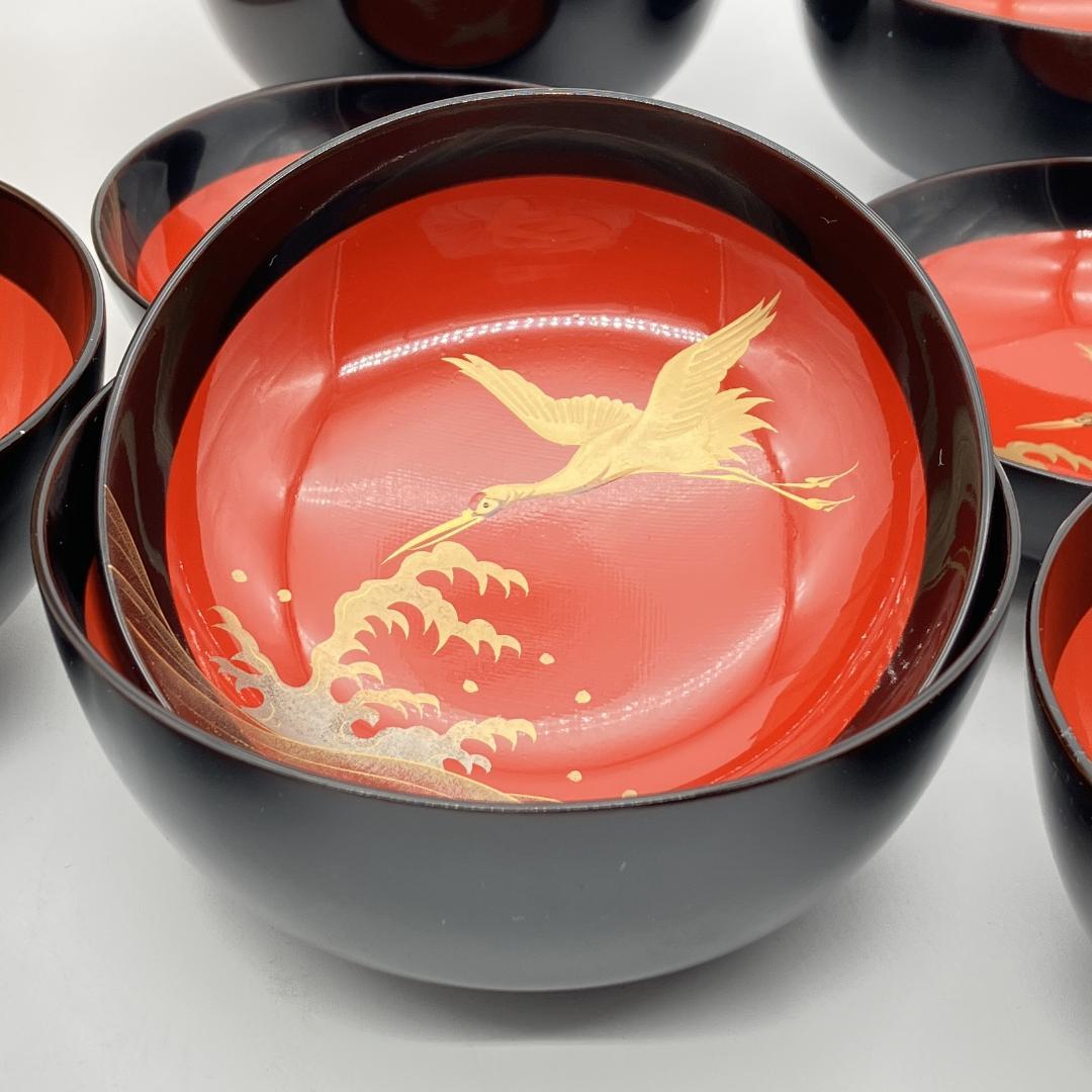 木製漆器 鶴金蒔絵日ノ出椀 昭和11年購入 波に鶴吸い物椀 5客 和食器