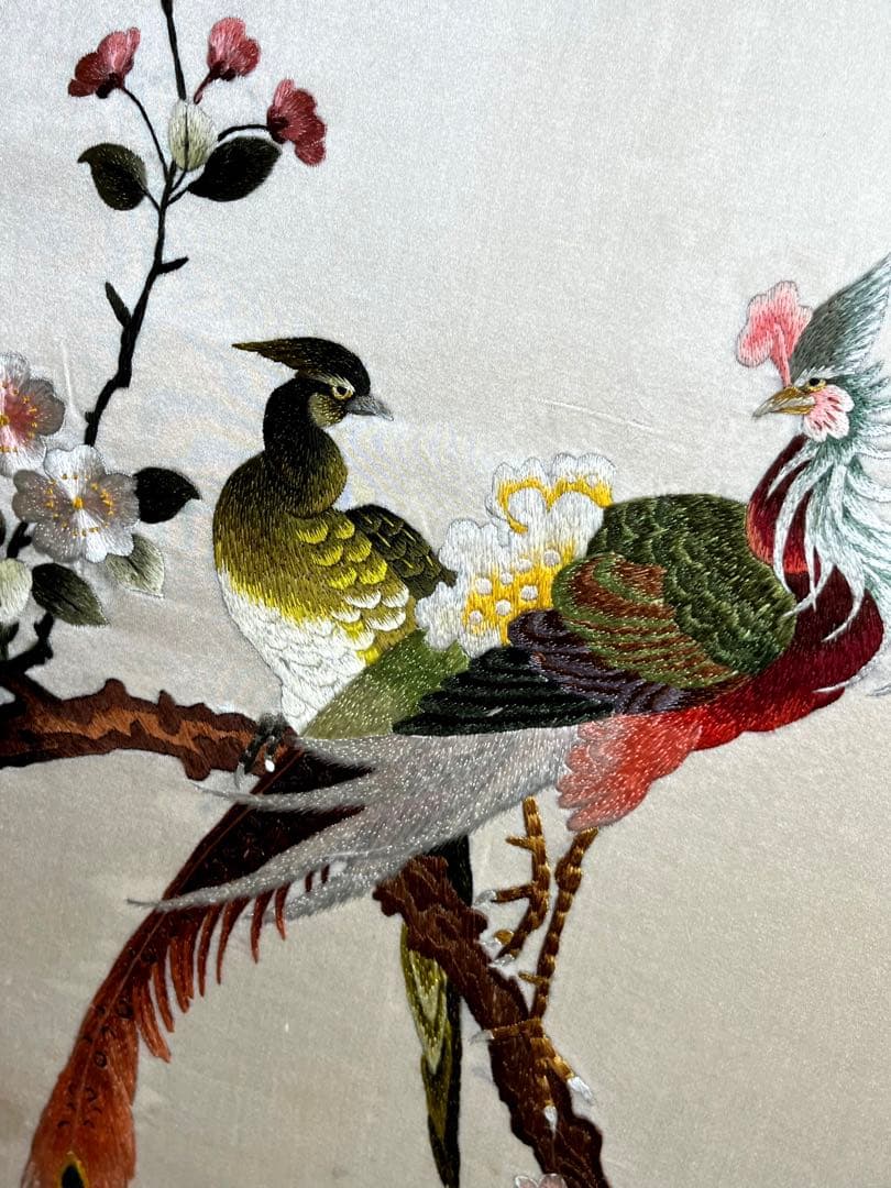 レア 希少【湘綉】ヴィンテージ 刺繍額 中国画 美術品 古美術 ガラス額