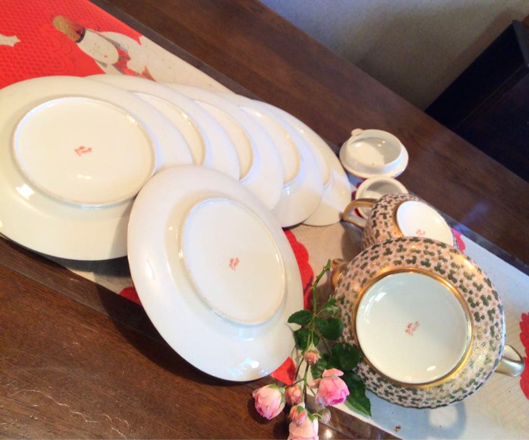 A631 九谷焼　金彩花詰　秀昭　ケーキ皿　ティーセット8点セット