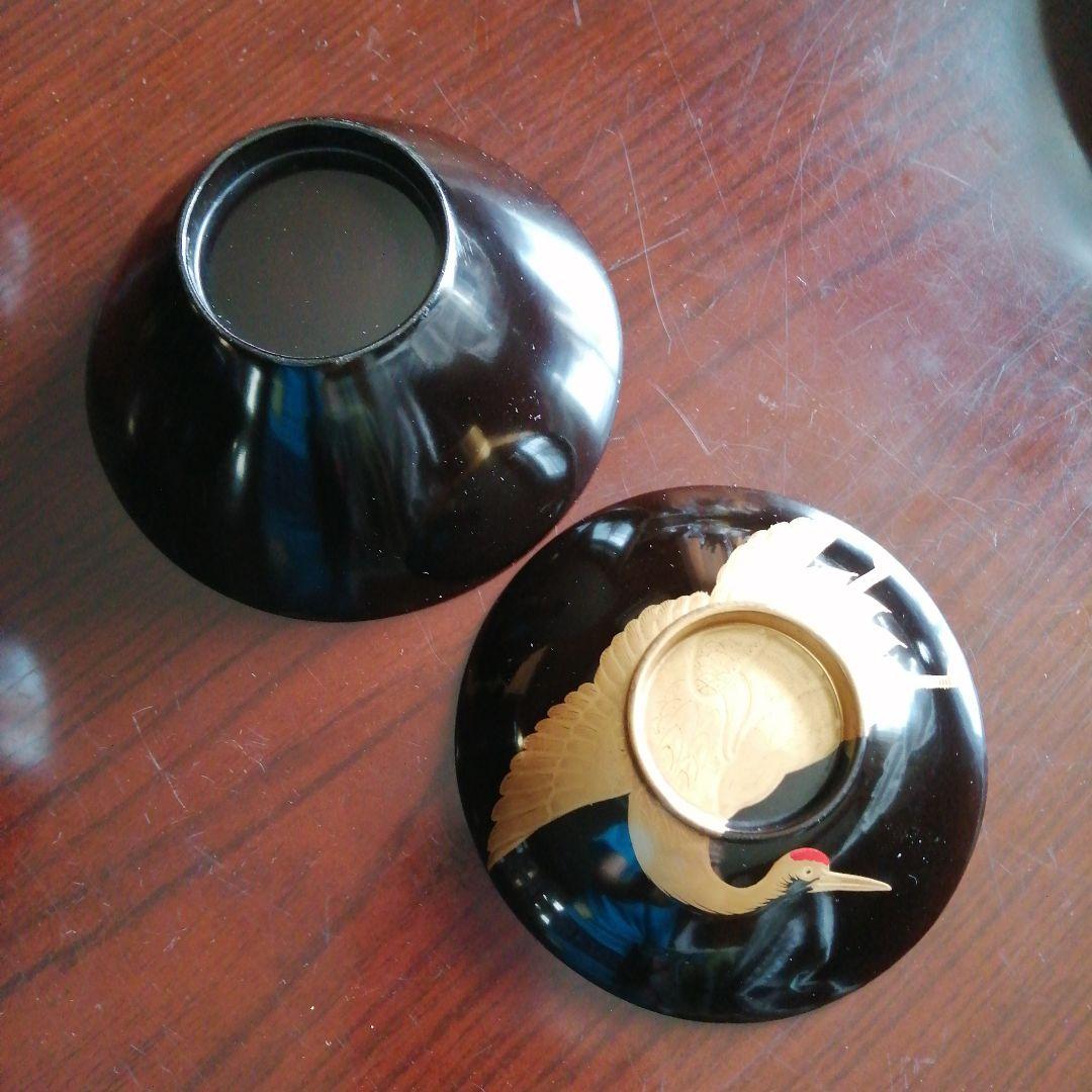 木製漆器　金彩鶴画蓋付椀　9客　12.7cm　大正期　【椀中ヤケあり】