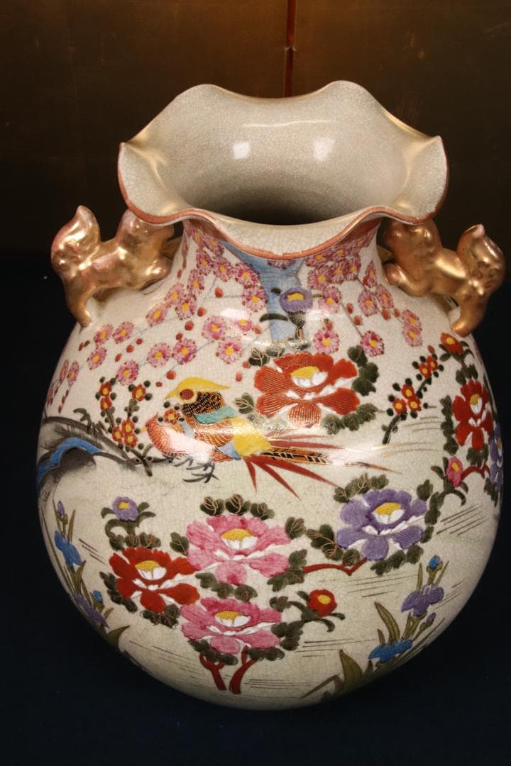 薩摩焼 勇仙作 色絵金彩花鳥図獅子耳 大花瓶 花器 壷 高さ38cm BE716