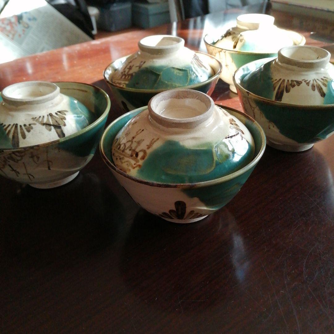 瀬戸焼　加藤作助　織部蓋茶碗　5客　大正～昭和初期