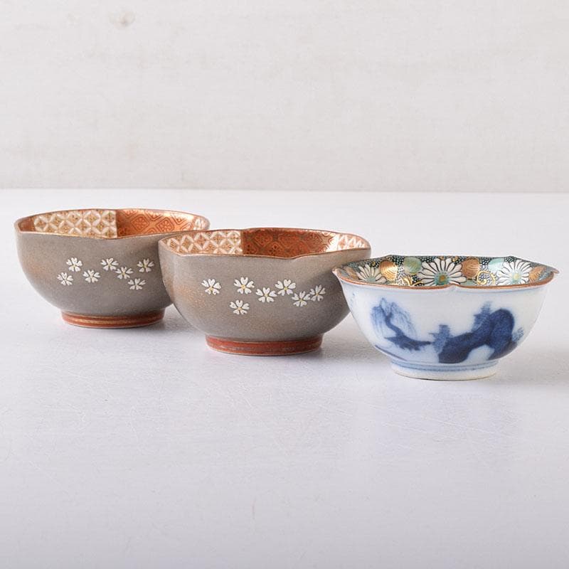 九谷焼 九谷錦盛堂 赤絵金彩 人物文 一對 青粒 花文 酒盃