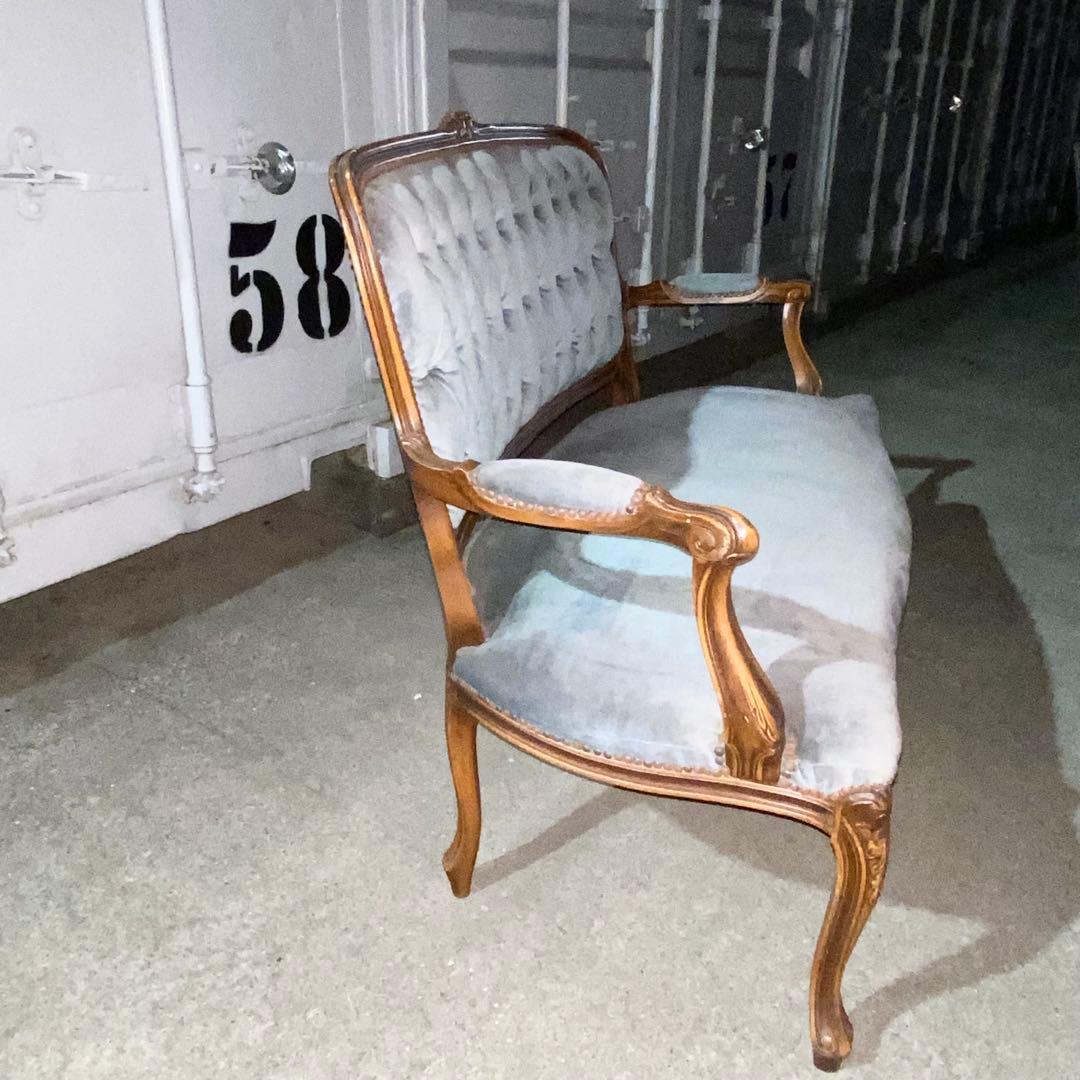 イタリア発！ブルーグレーが素敵 アンティーク ロココ調 ソファ 2人掛け