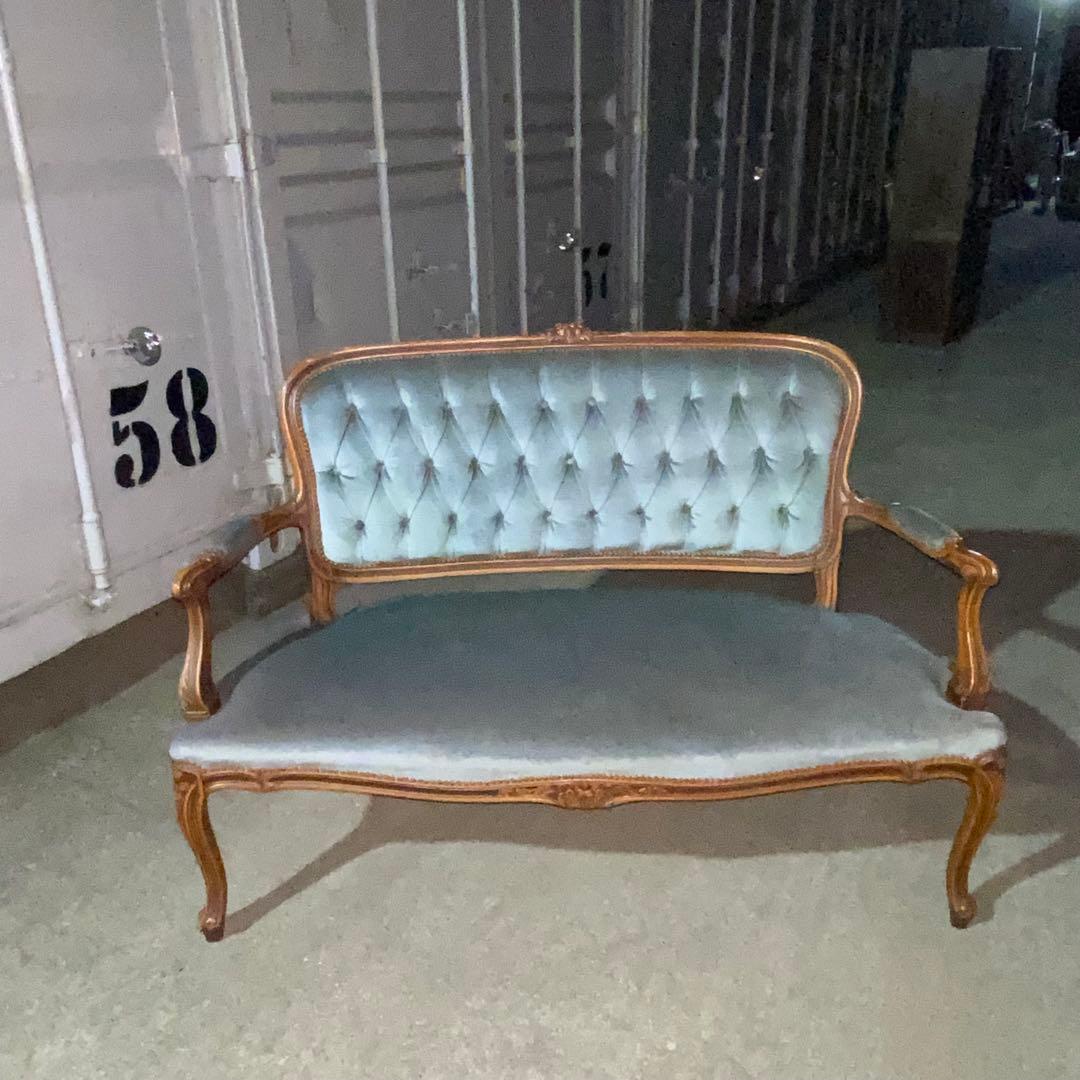 イタリア発！ブルーグレーが素敵 アンティーク ロココ調 ソファ 2人掛け