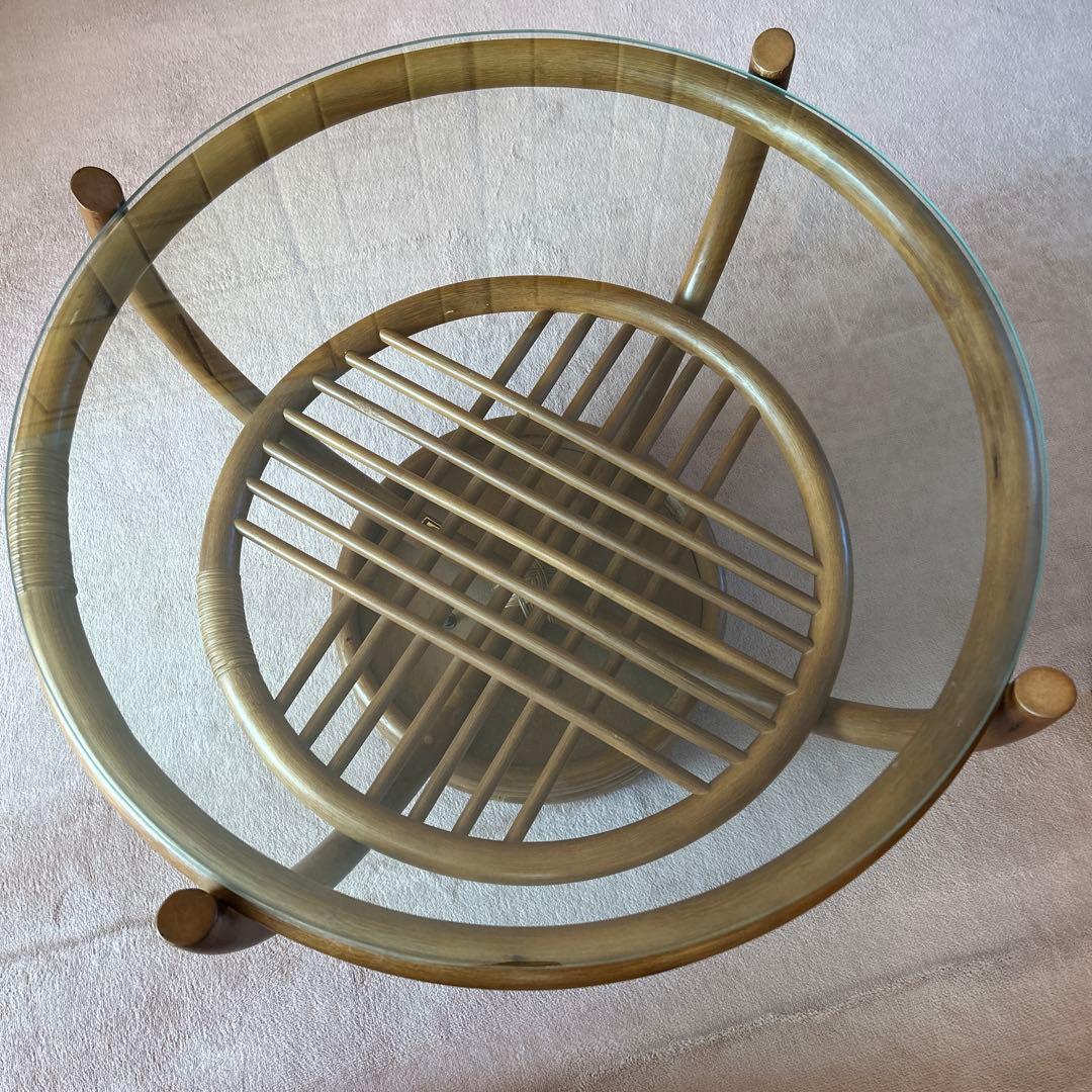 ラタンのテーブル ガラス天板 直径81cm ガラス直径73cm 高さ50cm