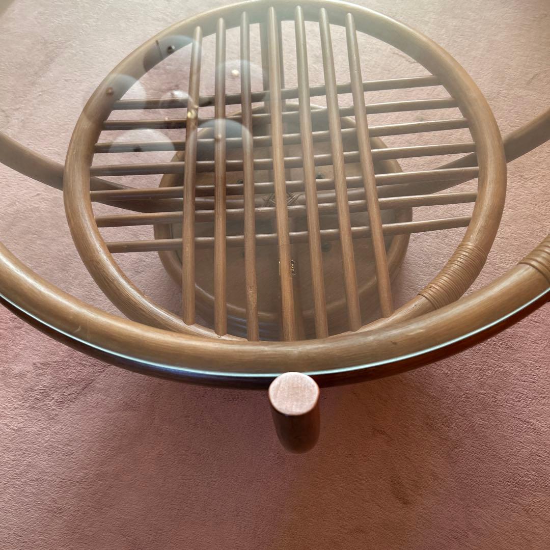 ラタンのテーブル ガラス天板 直径81cm ガラス直径73cm 高さ50cm