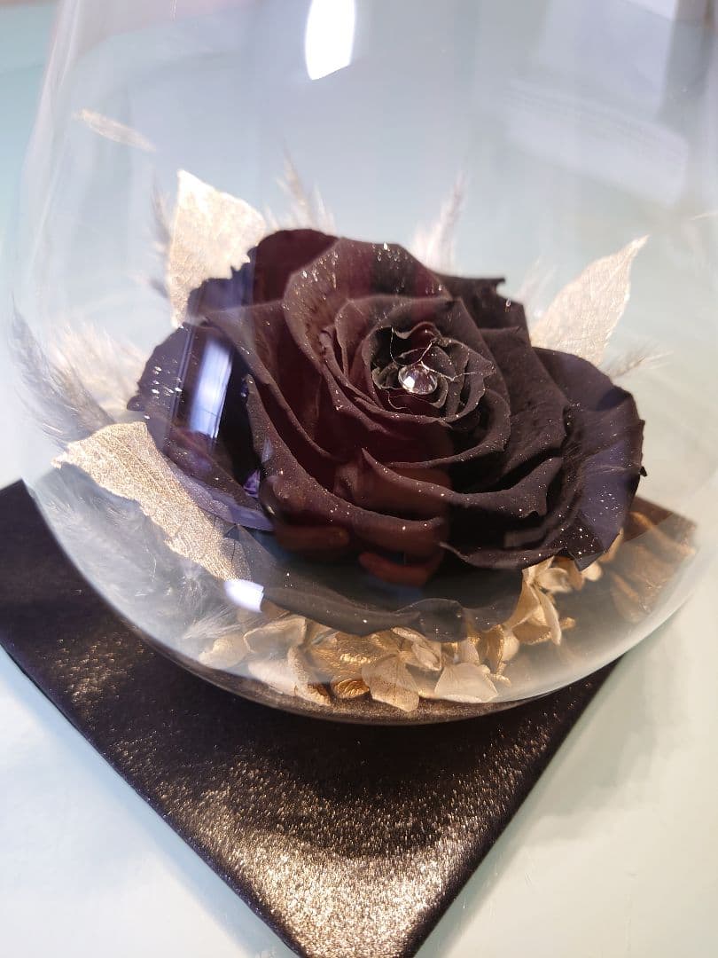 ✨プリザーブドフラワー　高級ダイヤモンドローズ　黒　LED付き　ガラス