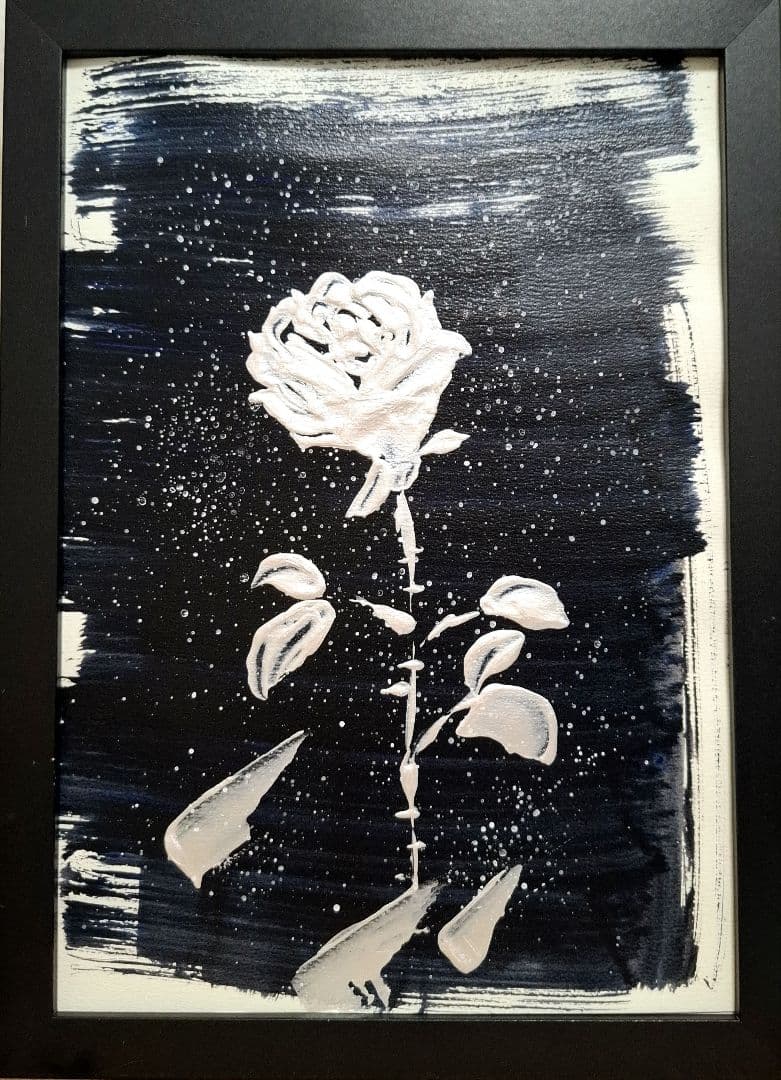 白いバラの抽象画 B5サイズフレーム入り 原画 花の絵 シンプル薔薇