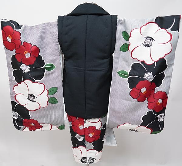 七五三 三歳 女児 被布コート 着物 長襦袢 3点セット 黒色×白 祝着