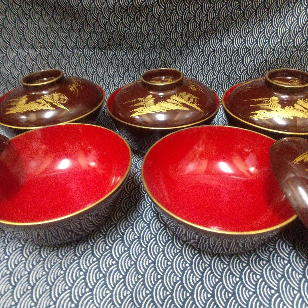 川連漆器 吸い物椀5客 沈金蒔絵 本漆[