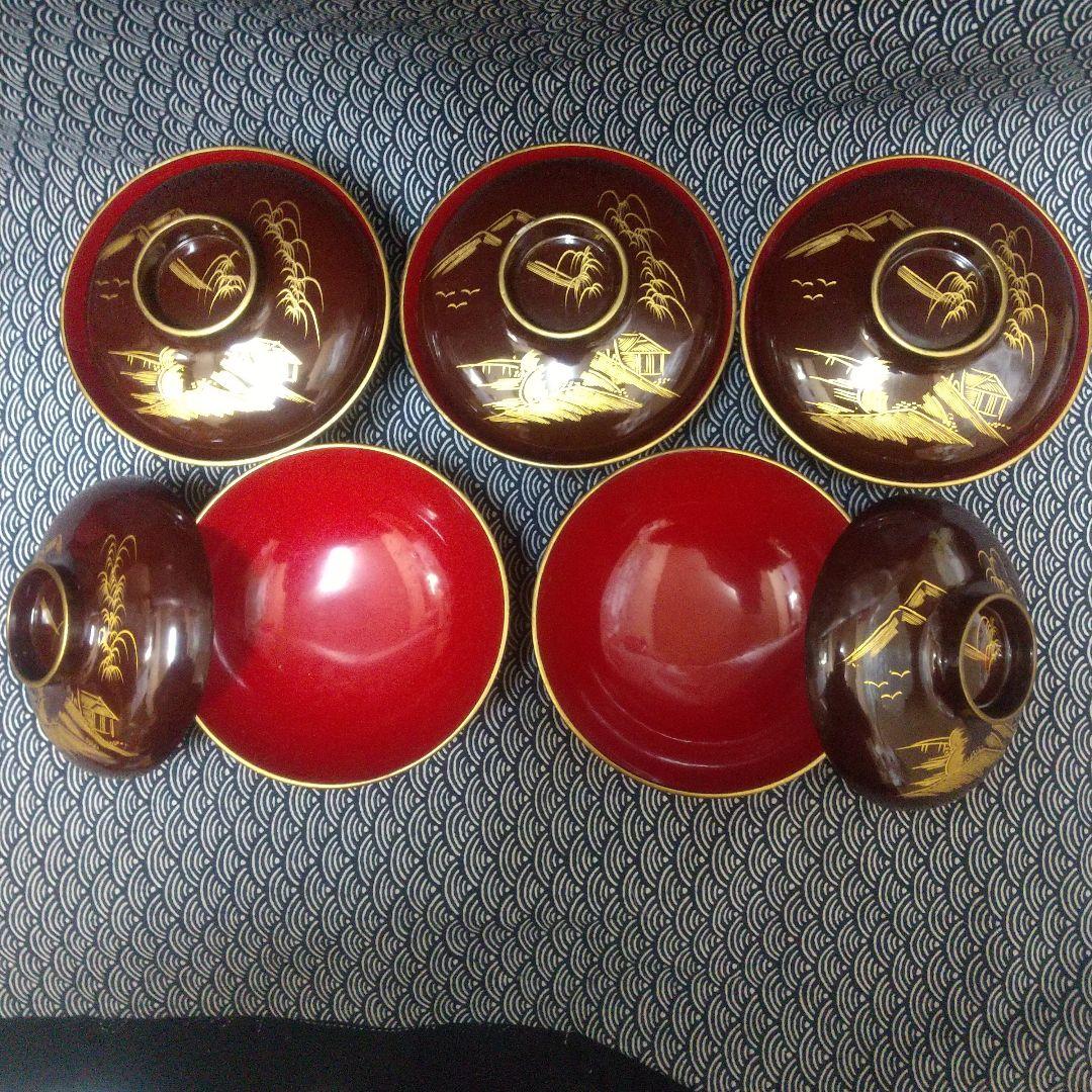 川連漆器 吸い物椀5客 沈金蒔絵 本漆[