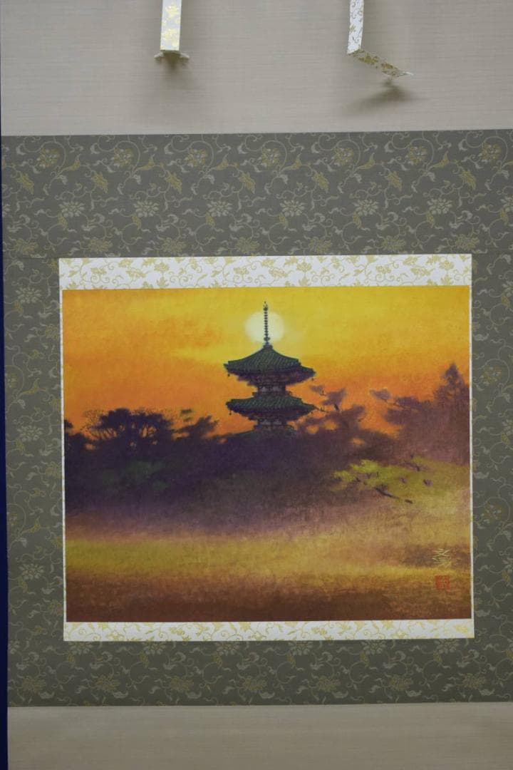 真作/文男/斑鳩/法隆寺/桐共太巻箱付/布袋屋掛軸HF-476