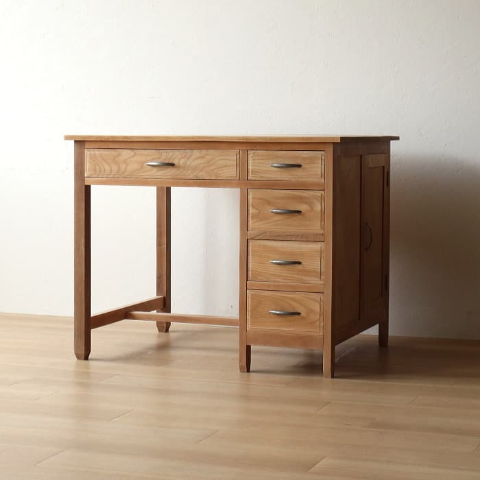 アンティーク タモ材 無塗装 片袖机 レトロ 無垢材 デスク 古家具