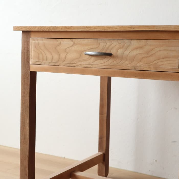 アンティーク タモ材 無塗装 片袖机 レトロ 無垢材 デスク 古家具