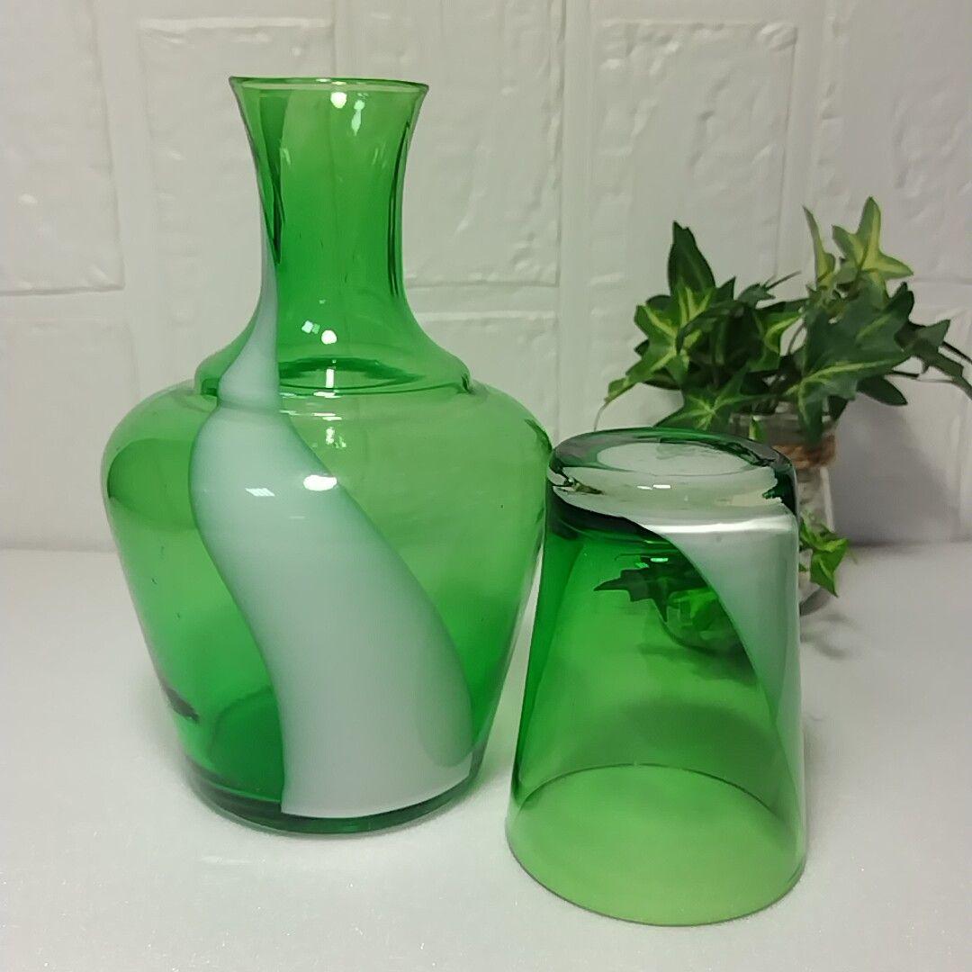 昭和レトロ 冠水瓶 コップ グリーン 水差し ピッチャー ガラス レトロ