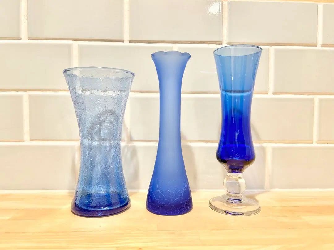 ガラス 花瓶 フラワーベース フリル セット まとめ売 blue レトロ