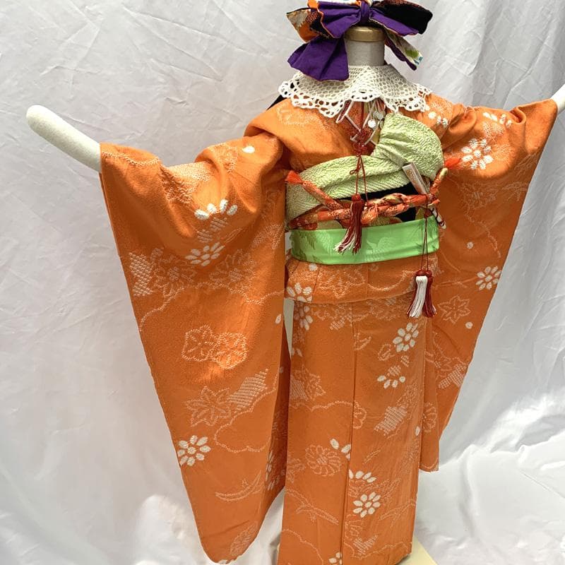 408ag75,楽々衿□七五三 七歳 女児 着物&袋帯 部分絞り 花文□状態良好